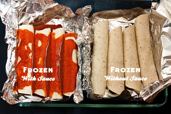 Enchiladas frozen with and without sauce to see which works best // savvyeat.com
