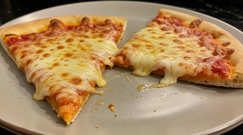 Two slices of perfectly melted cheese pizza